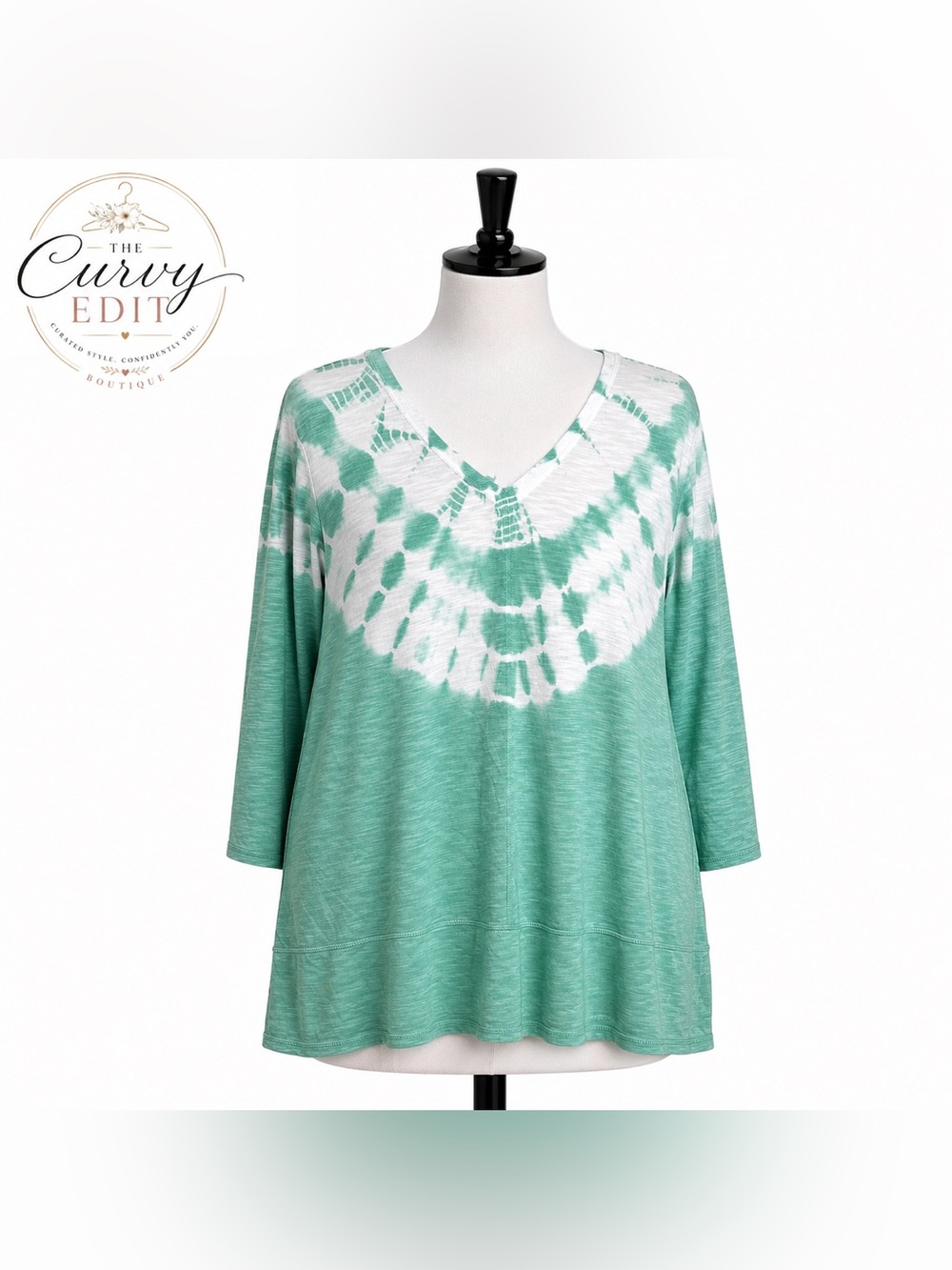 Chico’s Zenergy Tie-Dye Knit Tunic Top Size 3 16-18 Mint Green White 3/4 Sleeve
